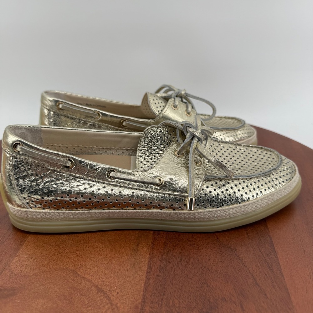 Dolce Vita Leather Boat Shoes Gold Metallic Perforated Espadrille Women 7.5